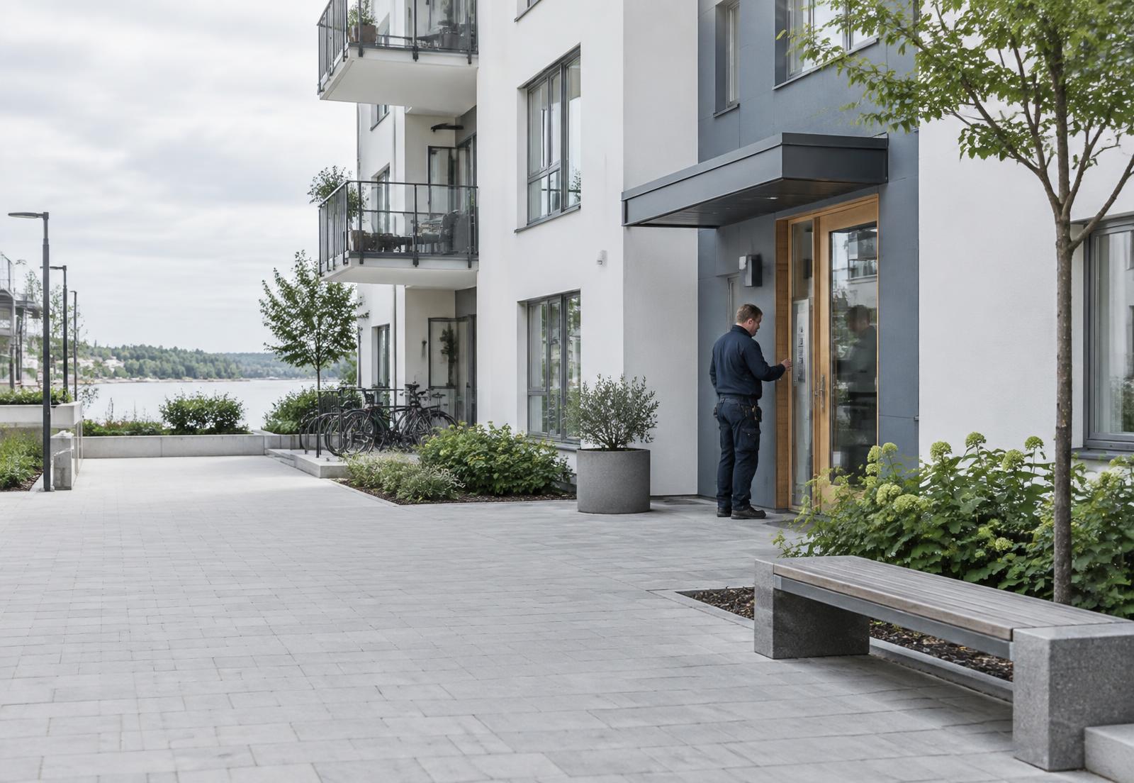 En underhållstekniker vid ett modernt svenskt flerbostadshus